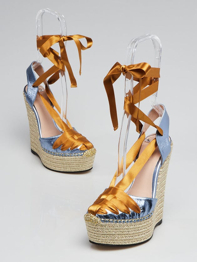 Gucci Blue Leather and Gold Satin Ribbon Alexis Espadrille Wedges Size 4/34.5