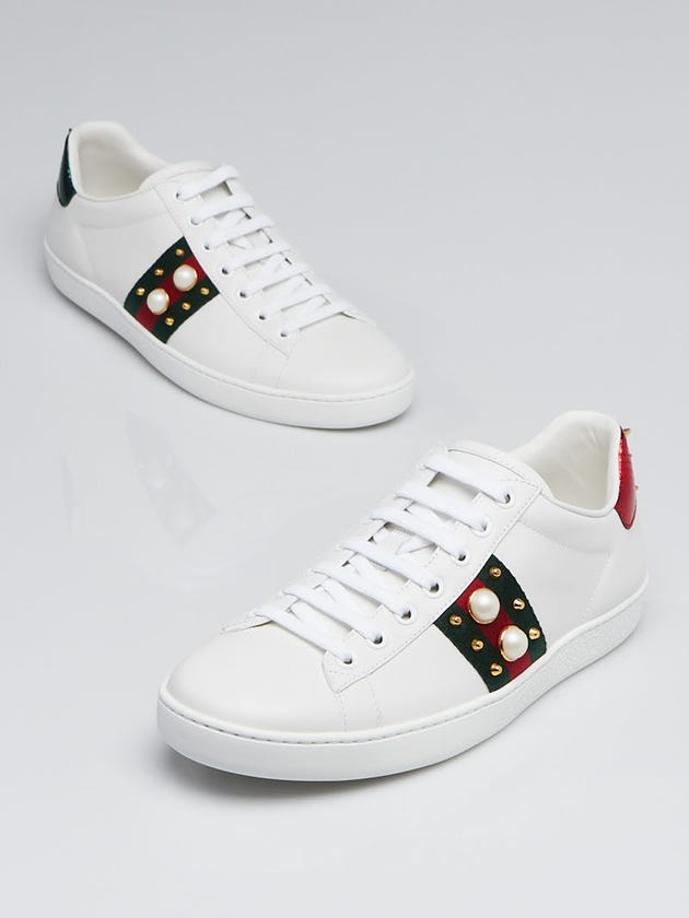 Gucci White Leather Vintage Web and Pearl New Ace Low-Top Sneakers Size 8.5/39