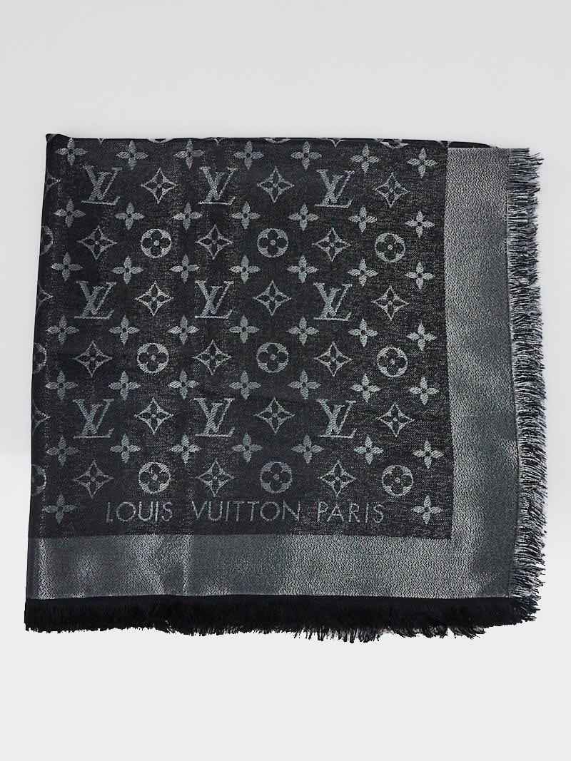 Louis Vuitton Black Monogram Wool/Silk Shine Shawl Scarf - Yoogi's Closet