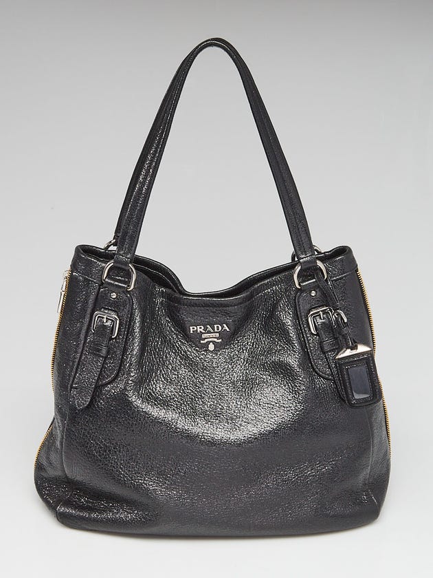 Prada Black Cervo Lux Leather Side Zip Tote Bag 