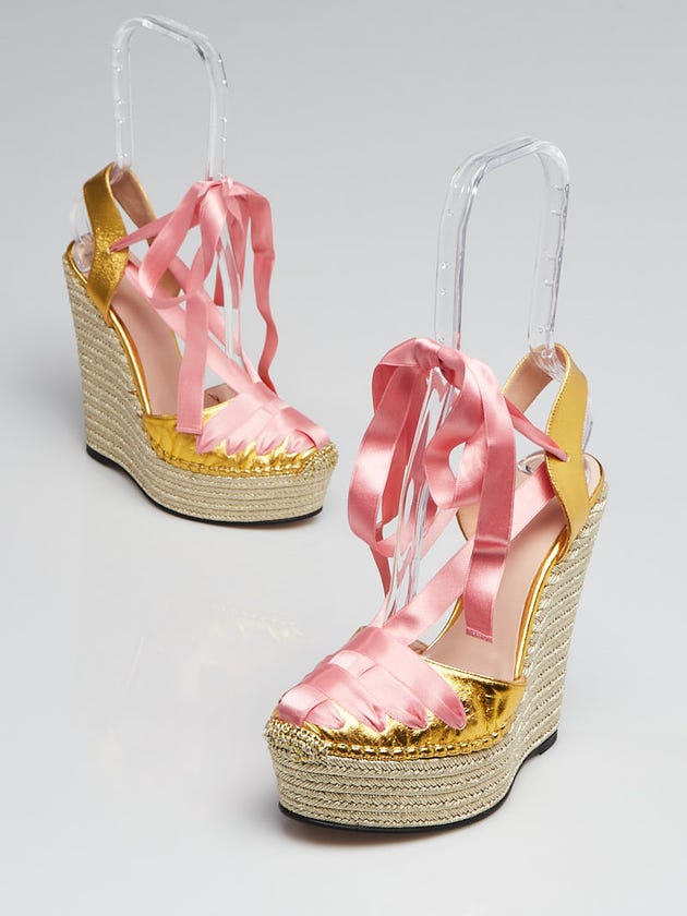 Gucci Gold Leather and Pink Satin Ribbon Alexis Espadrille Wedges Size 7/37.5