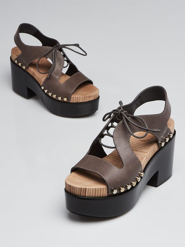 Balenciaga Gris Acier Leather Studded Wood Platform Sandals Size 7.5/38