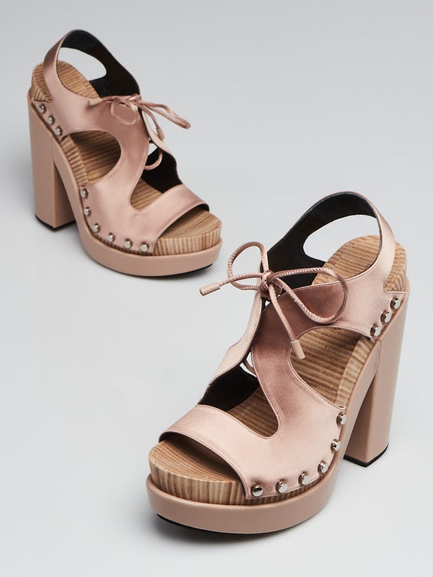 Balenciaga Beige Poudre Satin and Leather Platform Peep Toe Sandals Size 9.5/40