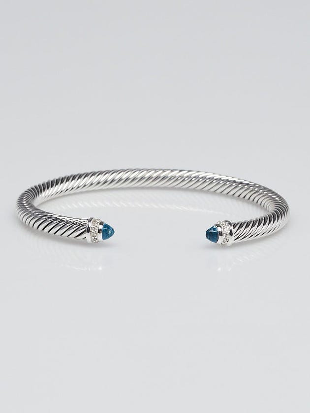 David Yurman 5mm Sterling Silver and Blue Topaz with Diamonds Cable Classics Bracelet