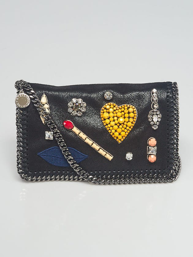 Stella McCartney Black Faux Leather Falabella Beaded Applique Crossbody Pochette Bag