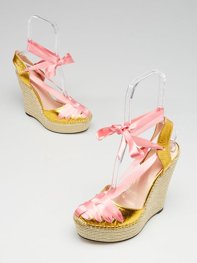 Gucci Gold Leather and Pink Satin Ribbon Alexis Espadrille Wedges Size 9.5/40