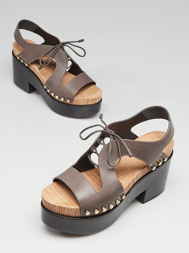 Balenciaga Gris Acier Leather Studded Wood Platform Sandals Size 10.5/41