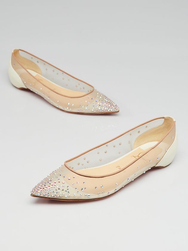 Christian Louboutin White Mesh and Patent Leather Strass Crystal Follies Flats Size 8.5/39