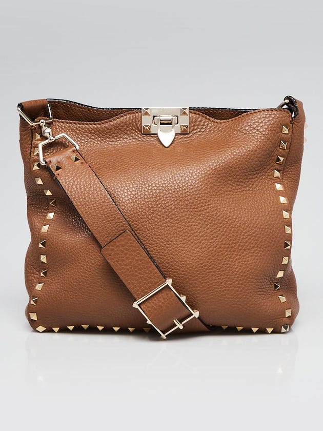 Valentino Brown Leather Rockstud Flat Messenger Bag