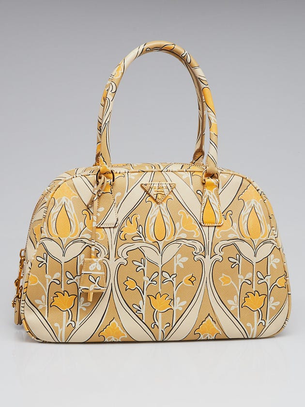 Prada Beige/Yellow Floral Print Saffiano Lux Leather Large Satchel Bag