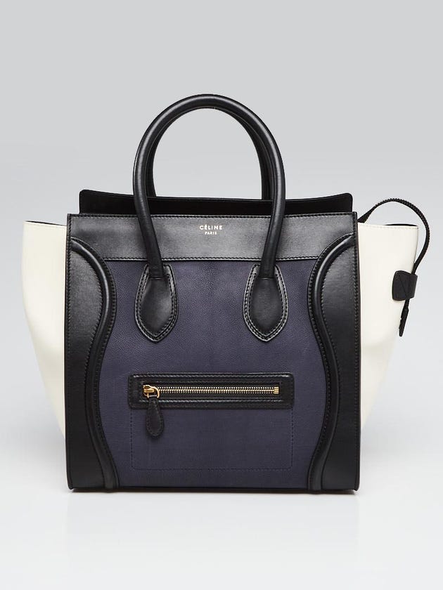 Celine Blue/Black/White Smooth Calfskin Leather Tricolor Mini Luggage Tote Bag