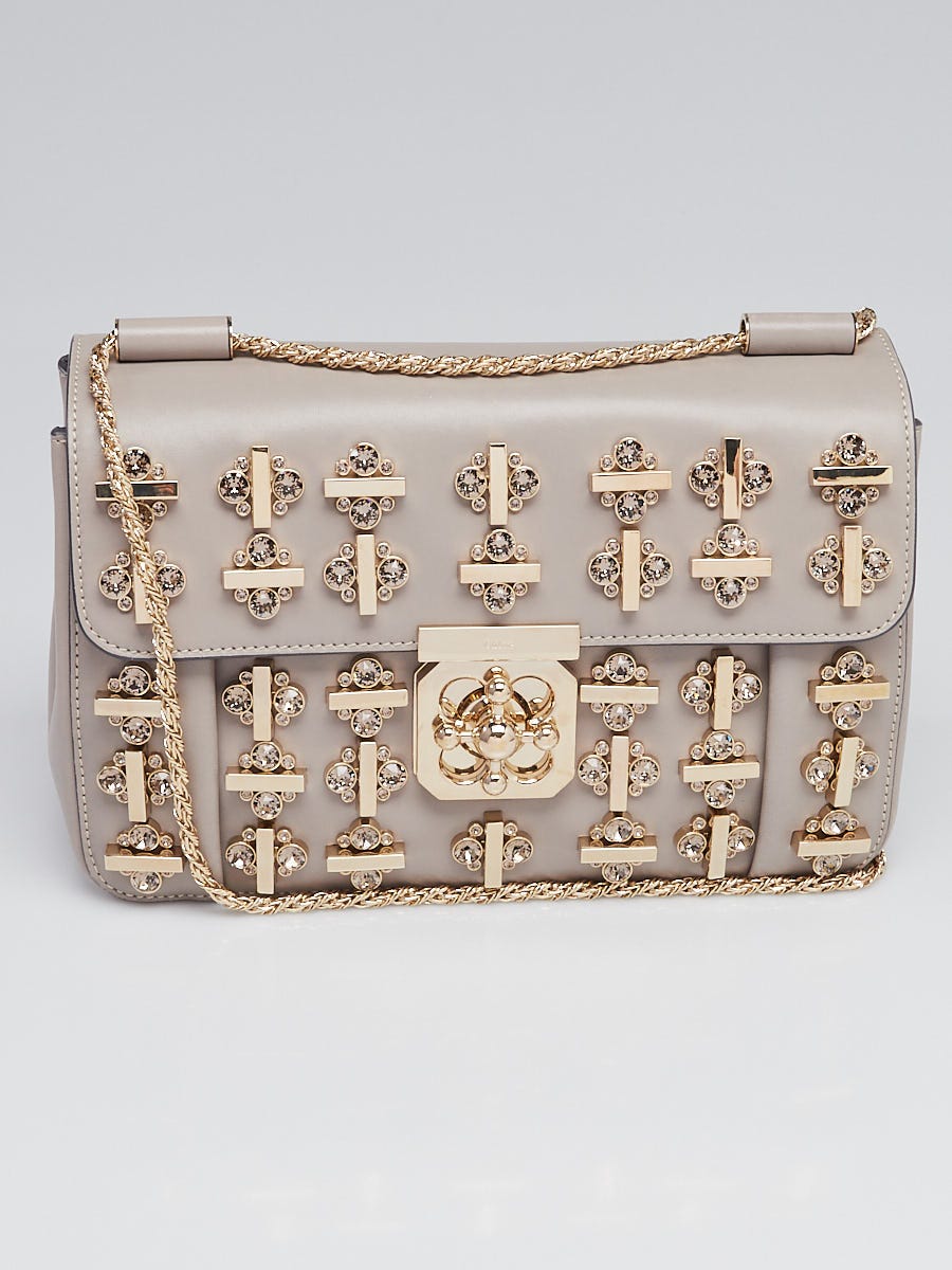 Chloe Grey Leather Crystal Large Elsie Chain Flap Shoulder
