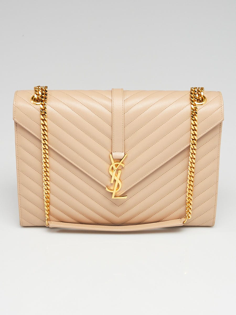 Yves Saint Laurent Beige Chevron Quilted Grained Leather Envelope