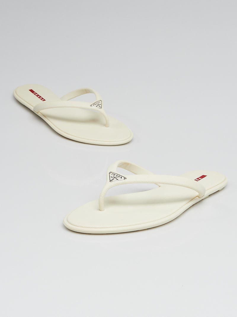 Prada White Saffiano Leather Logo Thong Sandals Size 10.5/41 - Yoogi's  Closet