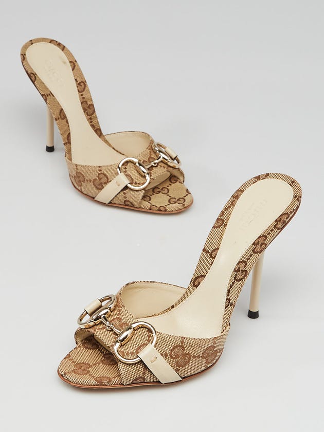 Gucci Beige/Ebony GG Canvas Horsebit Open-Toe Hollywood Slide Sandals Size 5.5