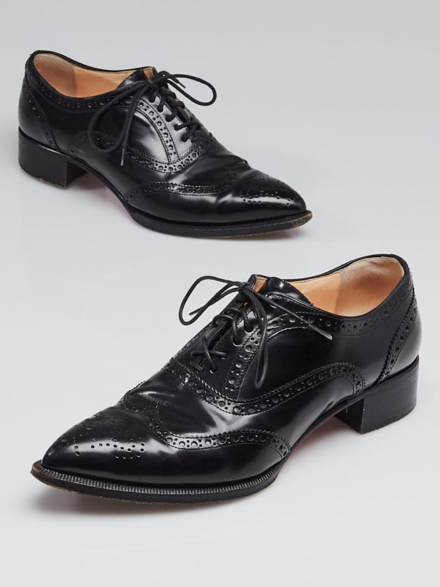 Christian Louboutin Black Glossy Brogue Leather Zazou Oxford Flats Size 6.5/37