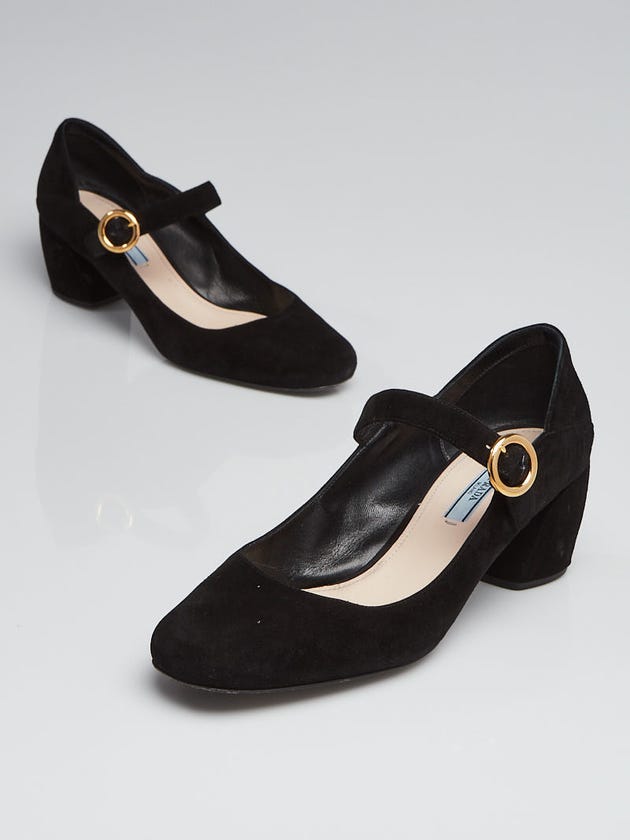 Prada Black Suede Mary-Jane Low Heel Pumps Size 10.5/41