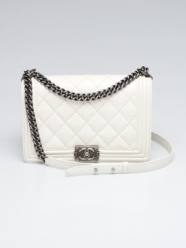 Chanel White Diamond Stitch Quilted Leather New Medium Boy Bag