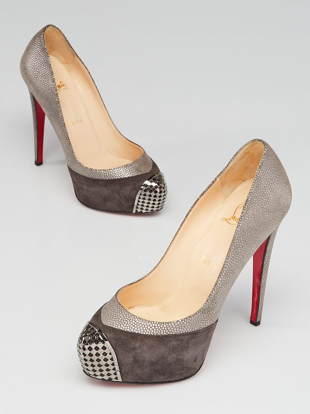 Christian Louboutin Grey Suede Leather and Steel-Toe Platform Maggie 140 Pumps Size 7/37.5