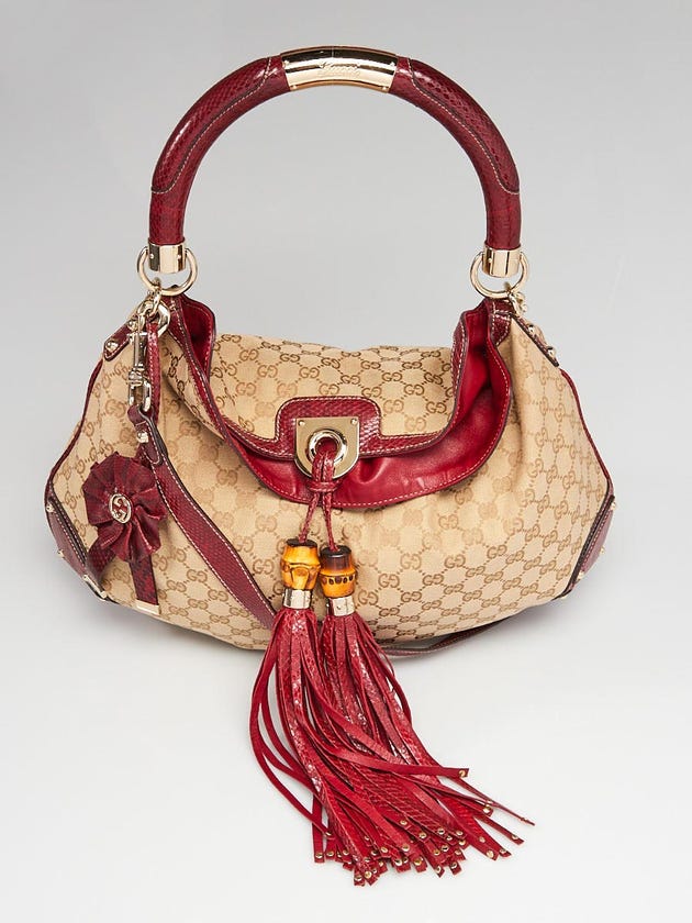 Gucci Limited Edition Monogram Beige GG Canvas Red Snakeskin Indy Babouska Top Handle Bag