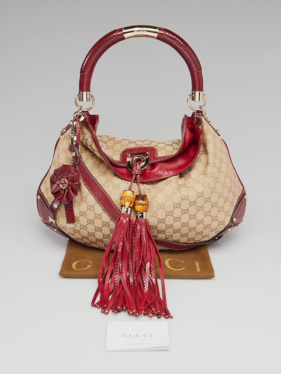 バッグ Mucho Gucci Limited Edition Monogram Beige GG Canvas Red Snakeskin