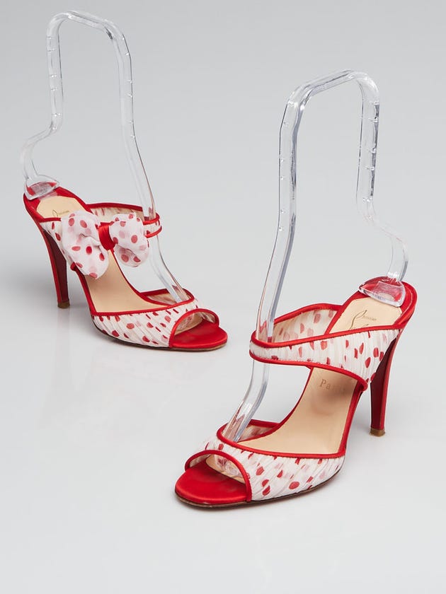 Christian Louboutin Red/White Polka Dot Crepe Satin/Chiffon Miss Chief 100 Slide Sandals Size 7/37.5