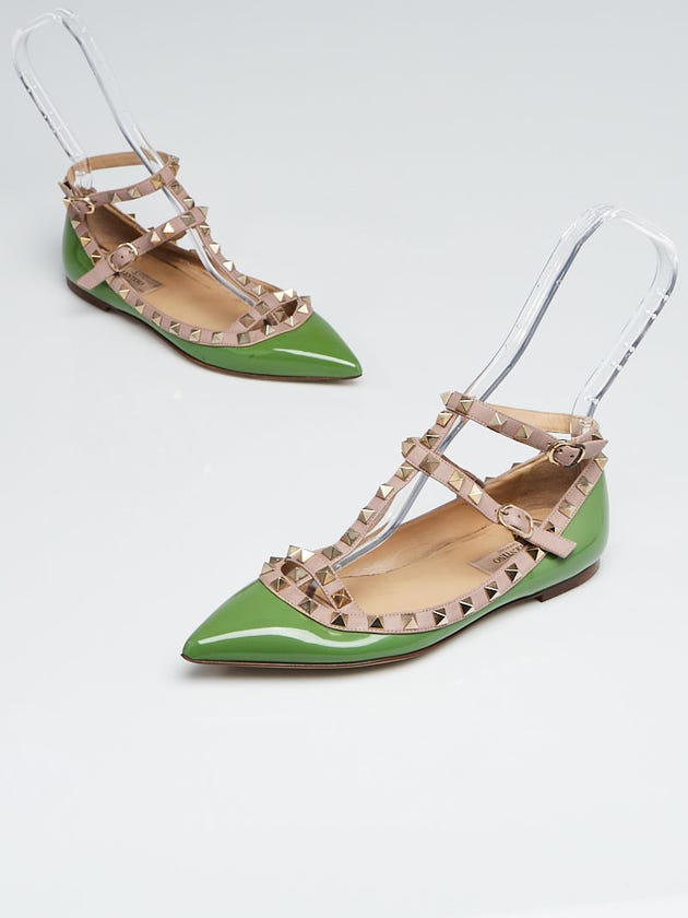 Valentino Green Patent Leather Rockstud Cage Flats Size 5.5/36