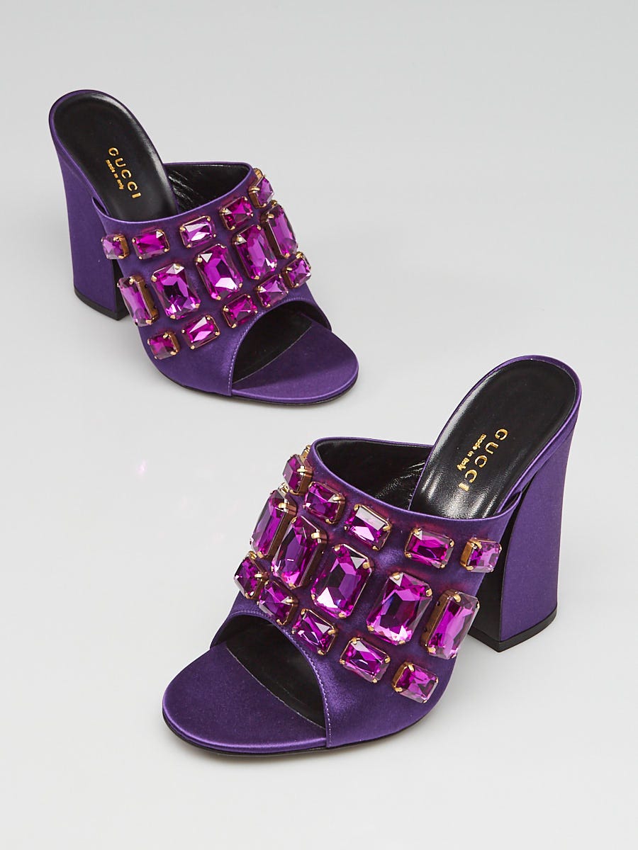Gucci Iris Violet Satin Bejeweled Open Toe Mule Sandals Size 6.5