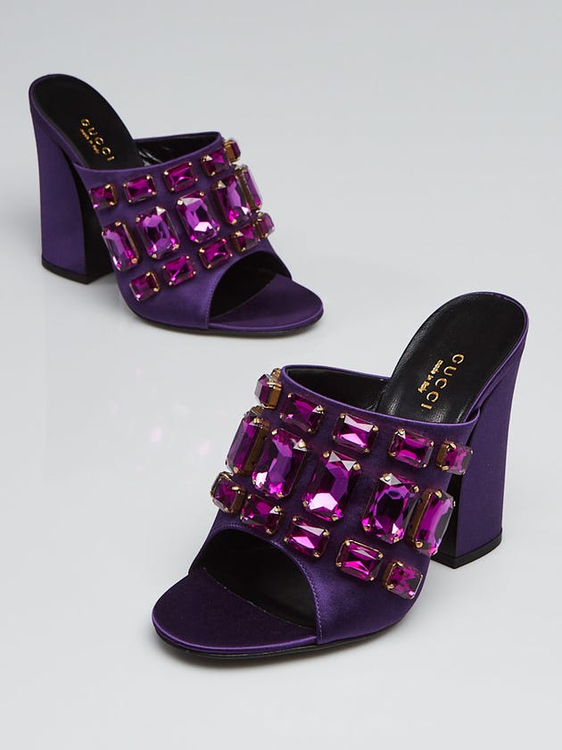 Gucci Iris Violet Satin Bejeweled Open Toe Mule Sandals Size 6/36.5