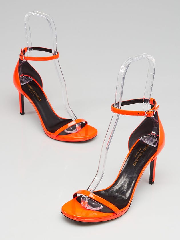 Yves Saint Laurent Fluo Orange Patent Leather Classic Jane 80 Ankle Strap Sandals Size 7.5/38
