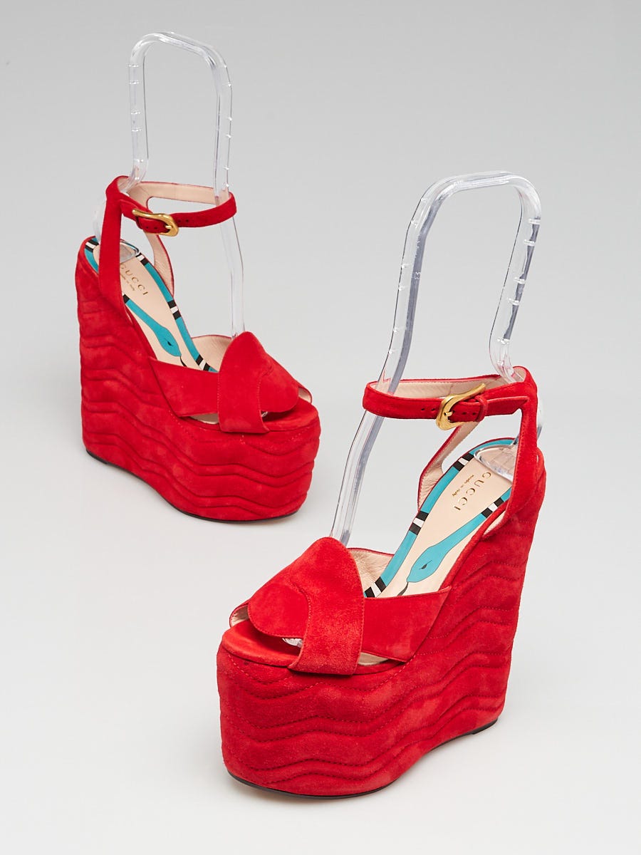 Gucci Hibiscus Red Quilted Suede Sally Wedge Platform Sandals Size 5.5 36 Yoogi s Closet