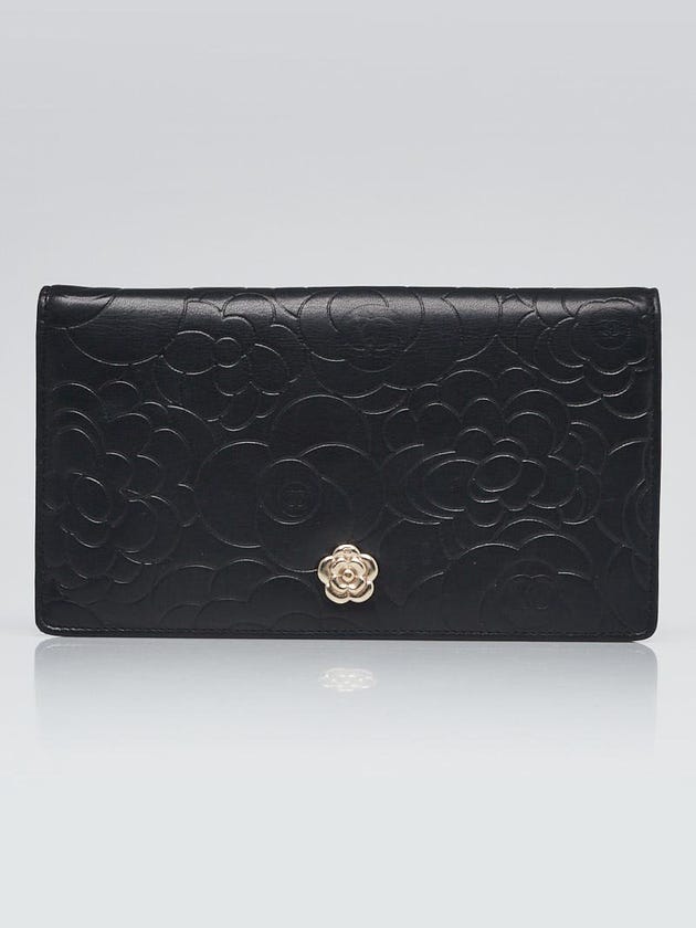 Chanel Black Camellia Embossed Lambskin Leather L Yen Wallet