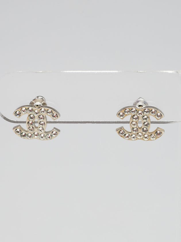Chanel Silvertone Crystal CC Stud Earrings