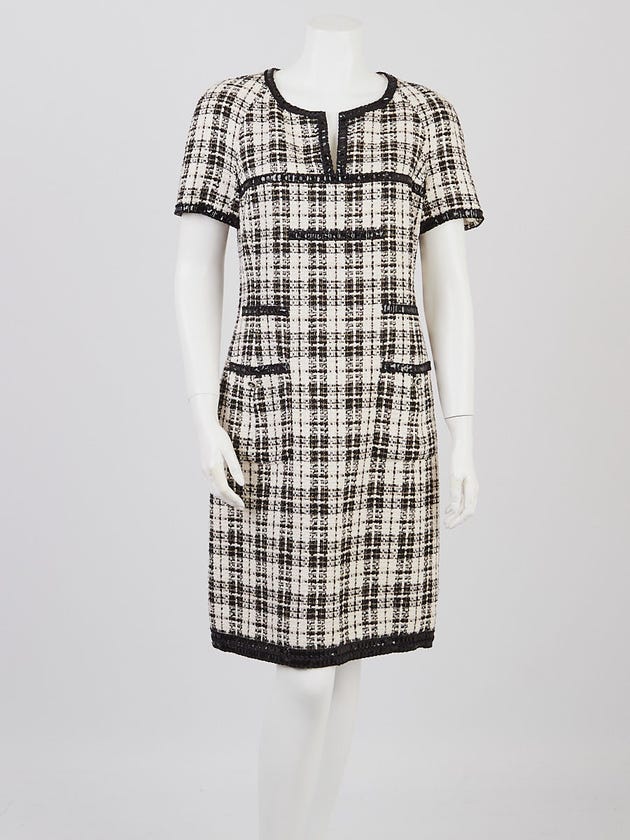 Chanel Black/White Cotton Blend Tweed Short Sleeved Dress Size 10