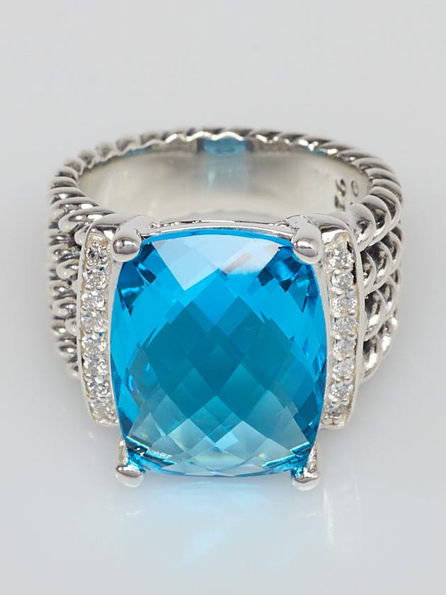 David Yurman 16x12mm Blue Topaz and Diamond Wheaton Ring Size 6