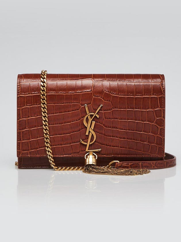Yves Saint Laurent Cuoio Tampona Crocodile Embossed Calfskin Leather Kate Tassel Wallet on Chain Bag