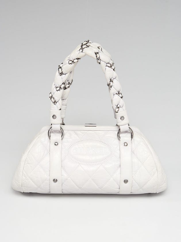 Chanel Dark White Quilted Distressed Leather Lady Braid Frame Satchel Bag