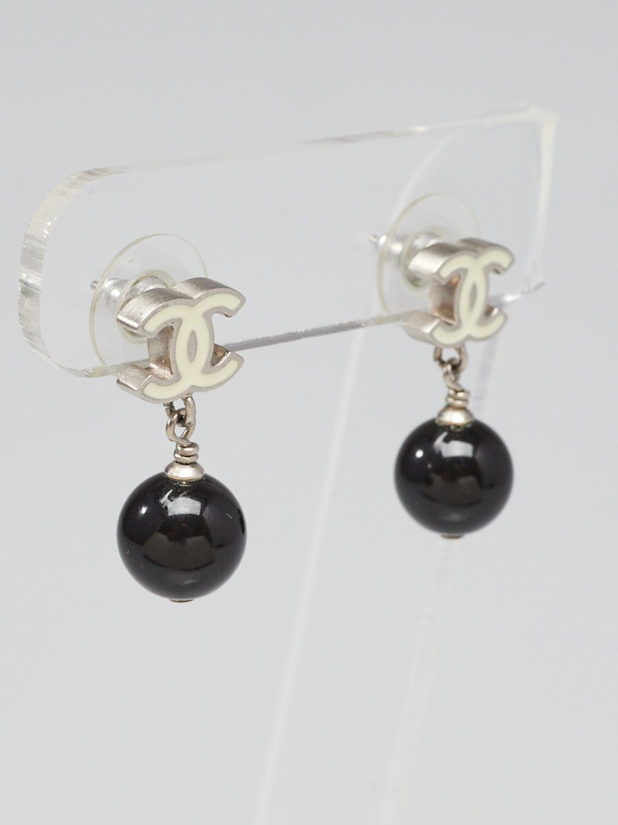 Chanel Silvertone Metal CC and Black Glass Pearl Drop Earrings