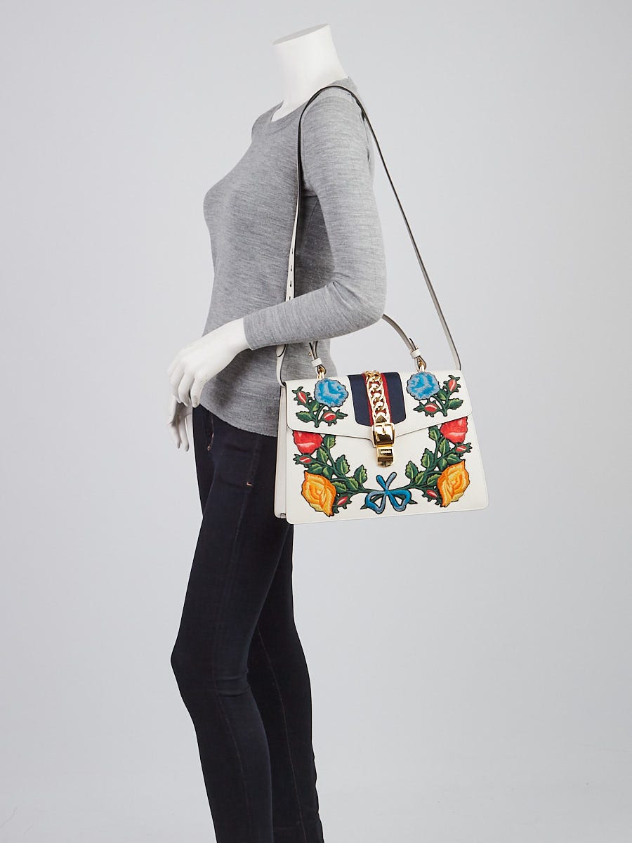 Gucci White Smooth Calfskin Leather Floral Embroidered Medium Sylvie Top Handle Bag Yoogi s Closet