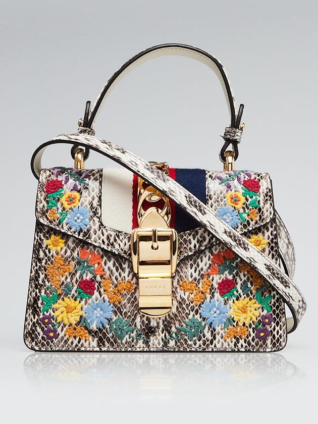 Gucci Multicolor Roccia Snakeskin and Floral Embroidered Mini Sylvie Top Handle Bag