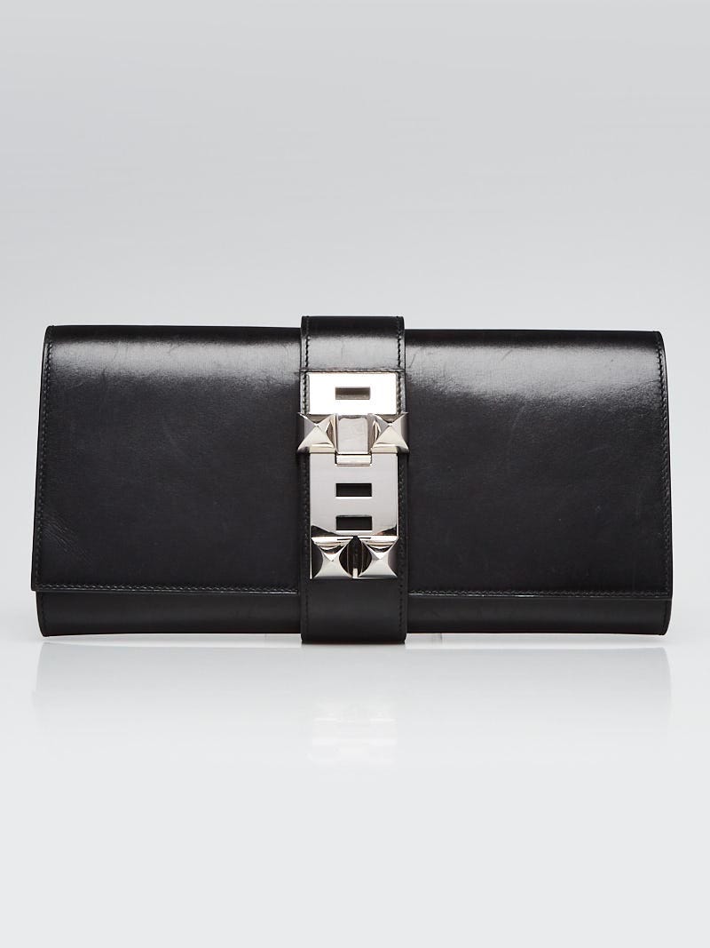 Hermes 29cm Black Box Leather Palladium Plated Medor Clutch Bag