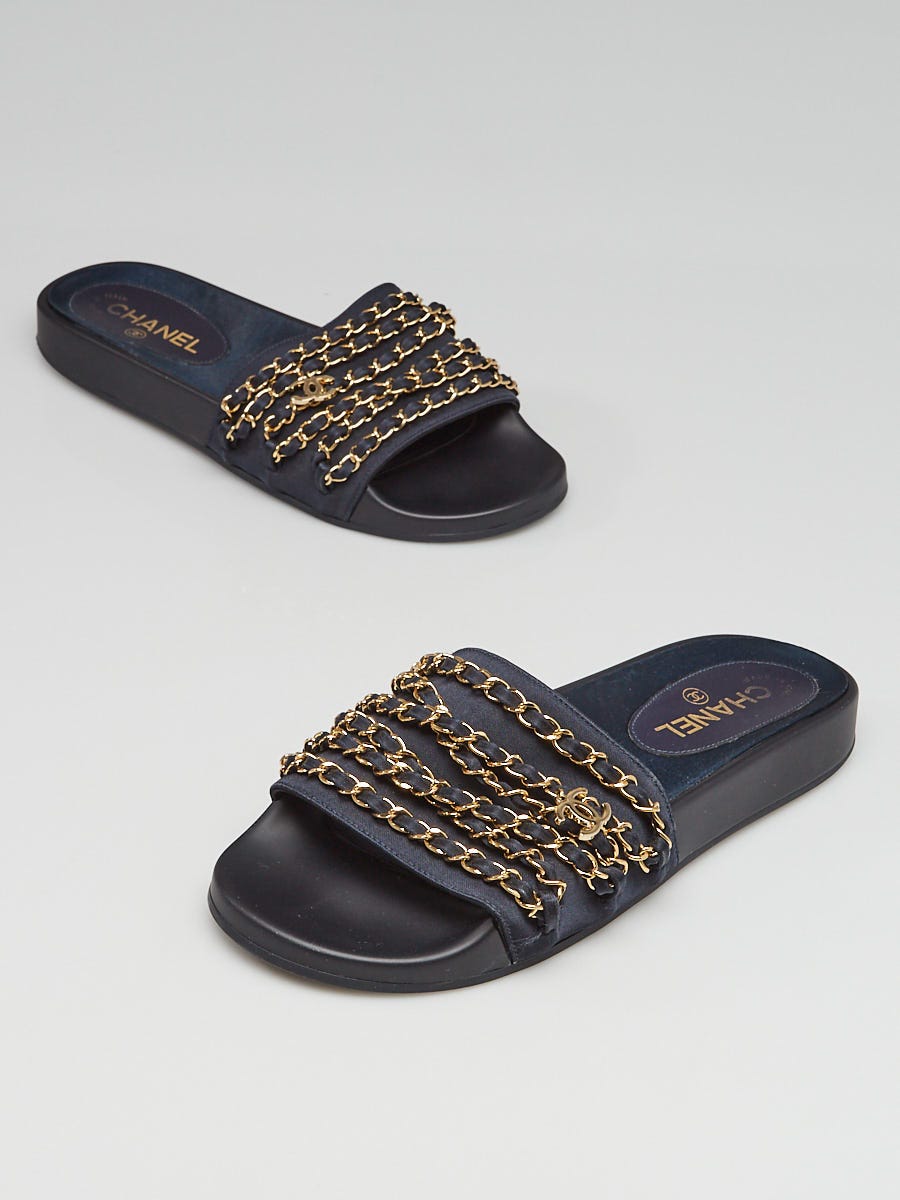 Chanel Navy Blue Nylon CC Logo Chain Slides Size 9.5 40 Yoogi s Closet