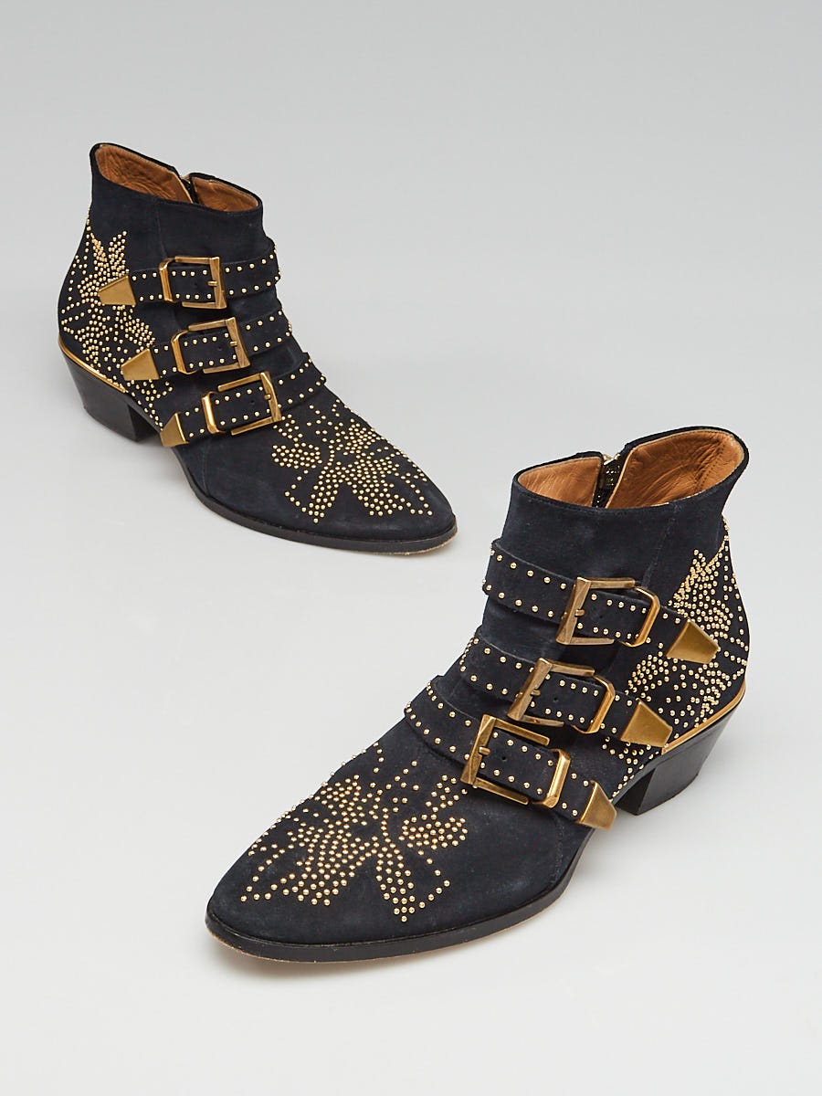 Chloe Navy Blue Suede Studded Susanna Ankle Boots Size 8/38.5