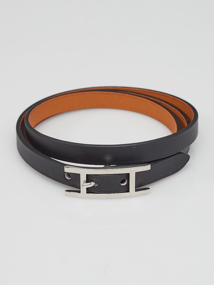 Hermes Black Leather Palladium Plated Hapi 3 Bracelet Size S