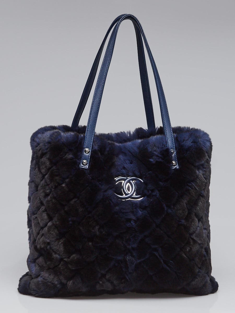 Chanel Navy Blue Quilted Orlyag Fur CC Tote Bag