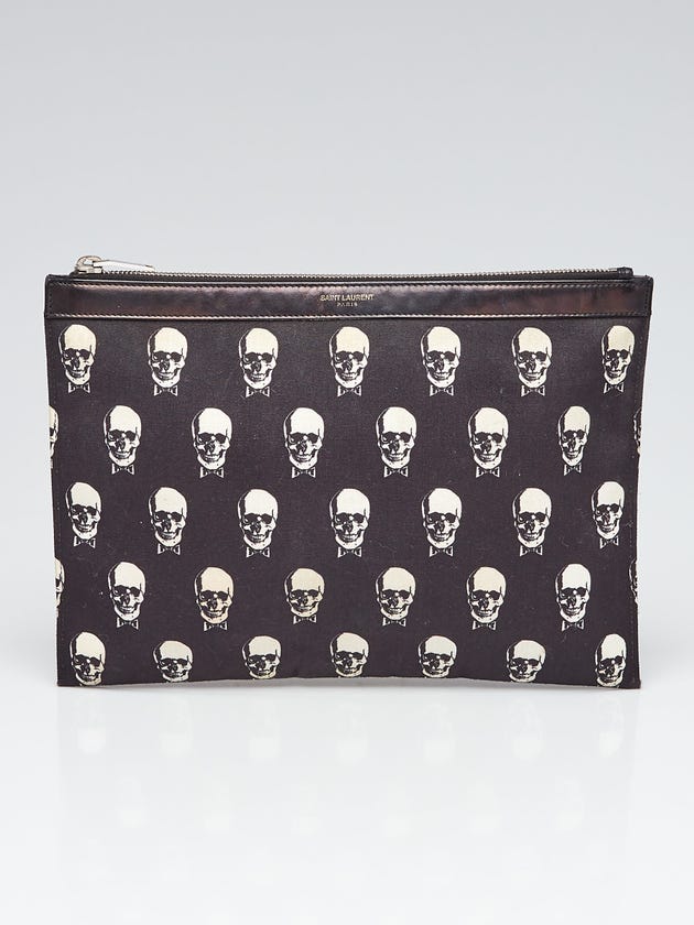 Yves Saint Laurent Black Skull Print Canvas Zip Pouch Clutch Bag