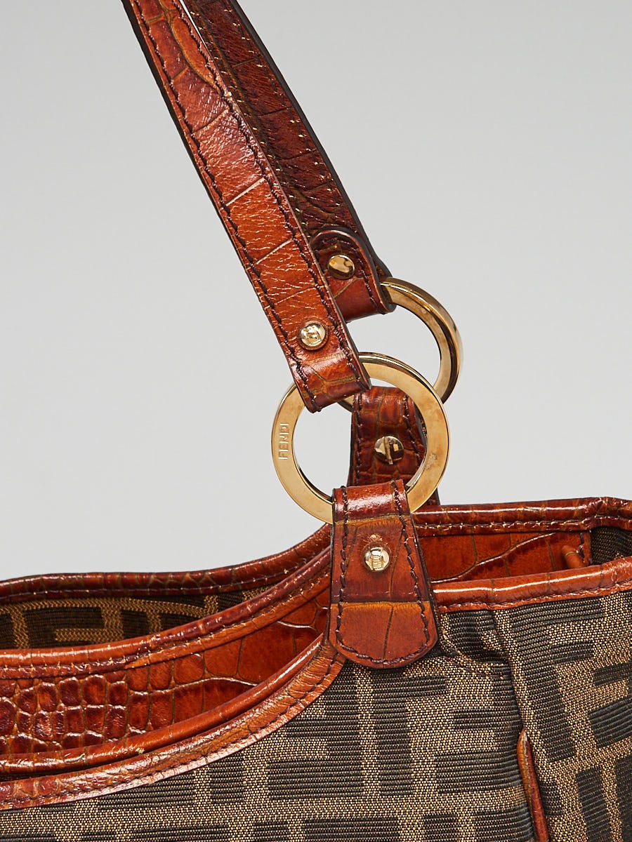 早割 リフト券 Print Zucca Tobacco Fendi Canvas Embossed Croc Brown and バッグ
