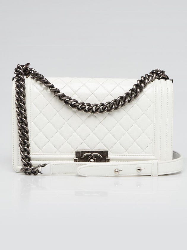 Chanel White Crinkled Quilted Patent Leather Medium Boy Bag