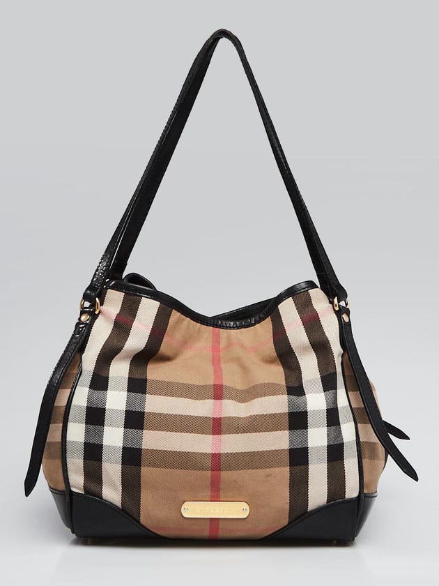 Burberry Black Leather Bridle House Check Canvas Canterbury Tote Bag