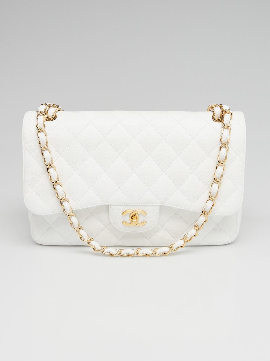 Chanel White Quilted Caviar Leather Classic Jumbo Double Flap Bag - Yoogi's  Closet